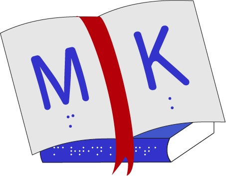Illustration eines aufgeschlagenen Buches mit den Initialen M und K rechts und links jeweils. Darunter ist der Name in Braille zu sehen.