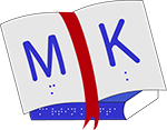llustration eines aufgeschlagenen Buches mit den Initialen M und K rechts und links jeweils. Darunter ist der Name in Braille zu sehen.