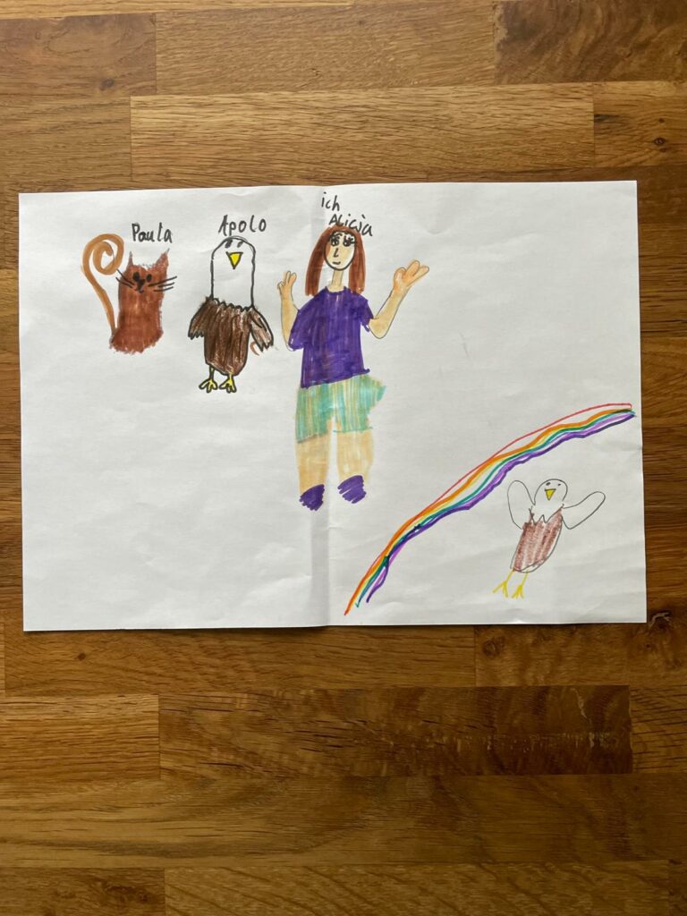 Dies ist ein Bild einer Kinderzeichnung. Die Zeichnung zeigt vier Figuren und einen Regenbogen. Die Figuren sind mit ‘Paula’, ‘Apollo’, ‘Ich Alicia’ beschriftet und es gibt eine nicht beschriftete Eule, die auf dem Regenbogen sitzt.